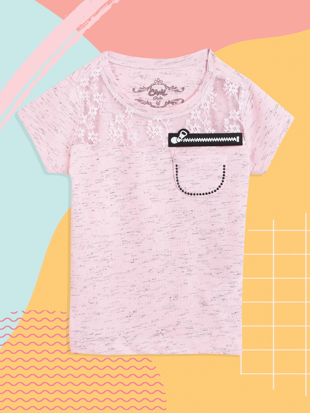 

Civil Girls Pink & Black Pure Cotton Solid T-shirt with Chain Detail