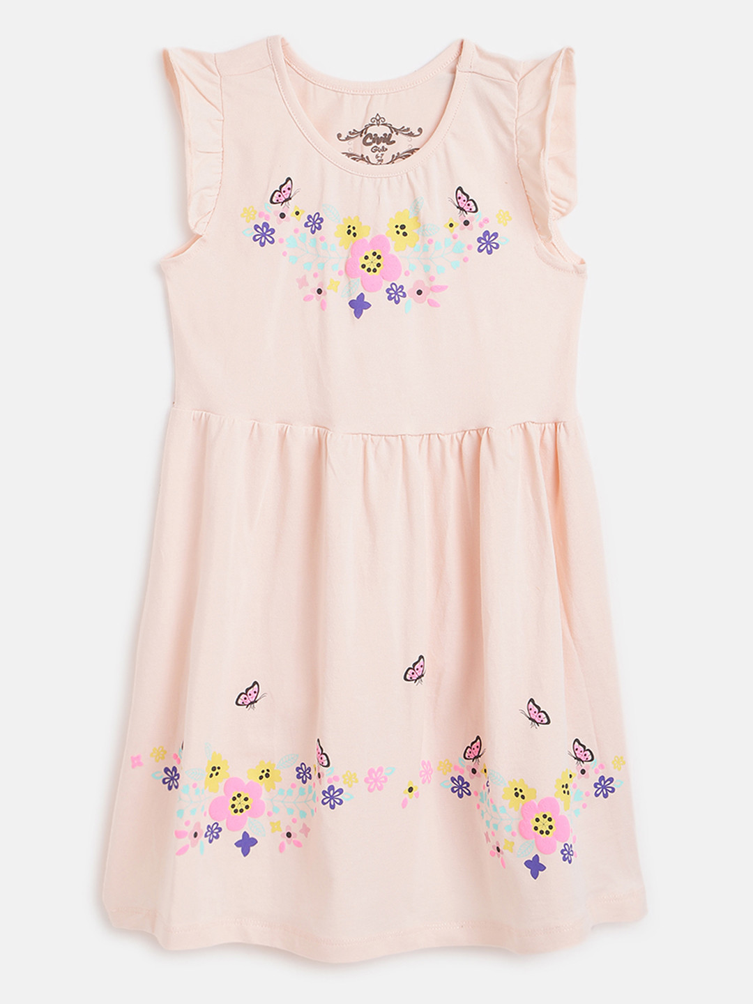 

Civil Girls Pink & Yellow Floral Print Cap Sleeves A-Line Dress