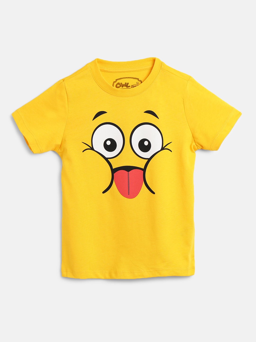 

Civil Boys Mustard Yellow & Red Emoticon Print Pure Cotton T-shirt