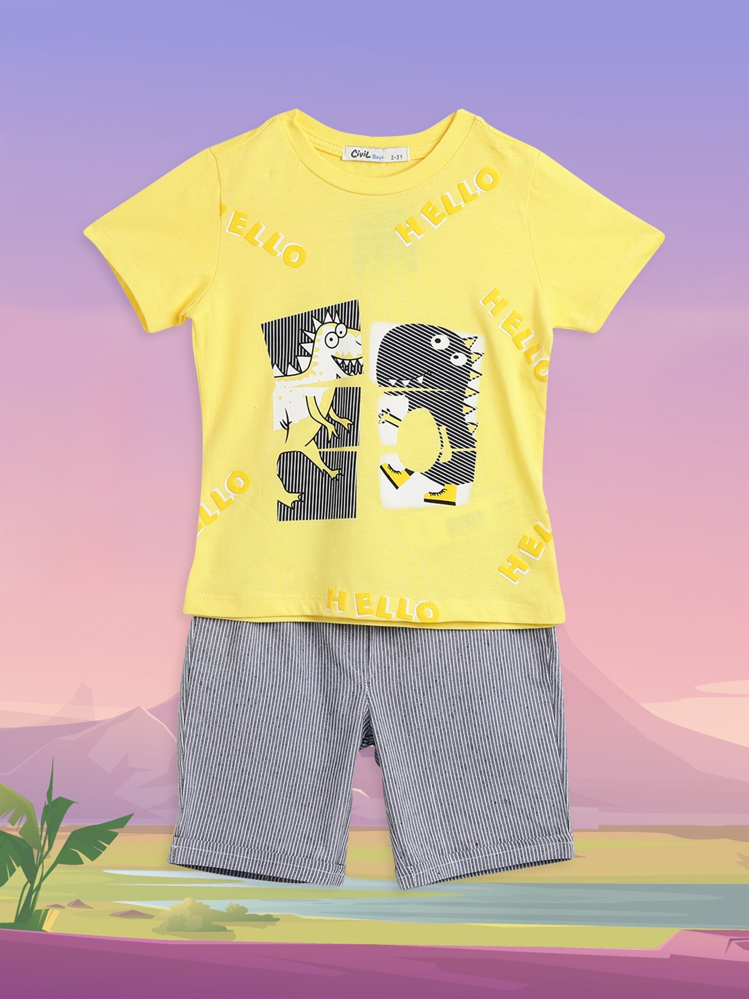 

Civil Boys Yellow & Grey Dinosaur Printed T-shirt with Striped Shorts