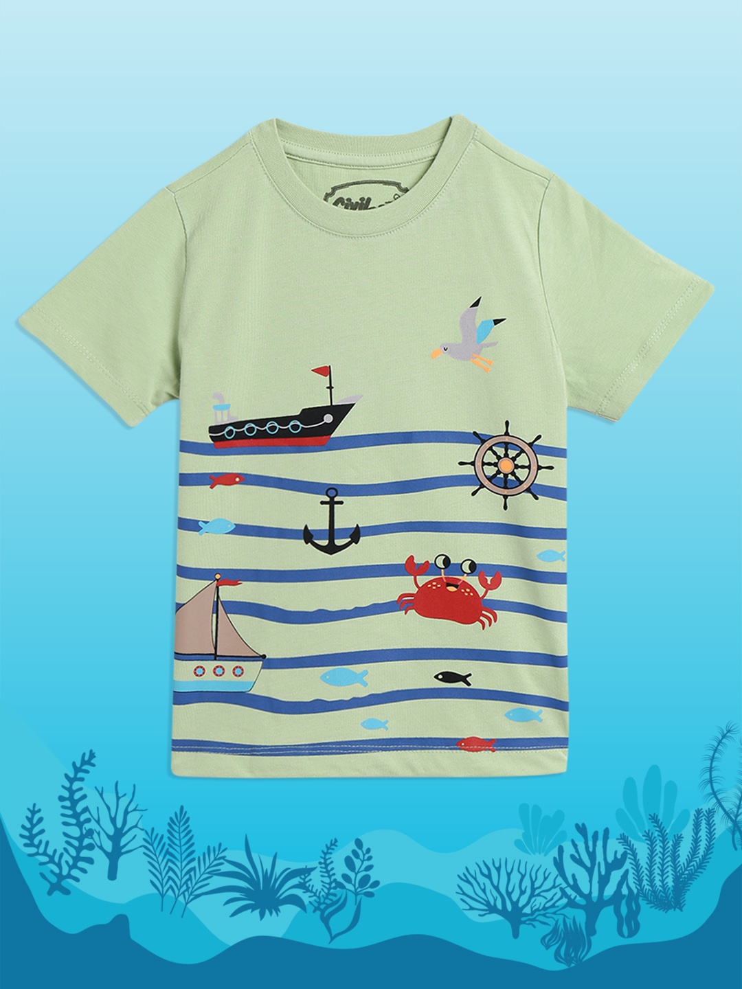 

Civil Boys Green & Blue Printed Pure Cotton T-shirt