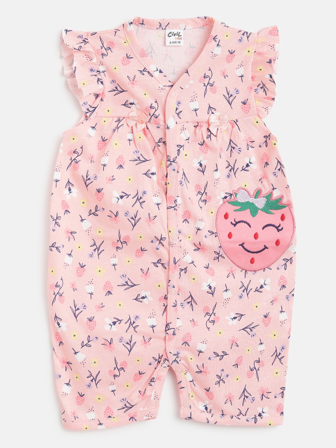 

Civil Infant Girls Peach-Coloured & Blue Floral Print Applique Pure Cotton Rompers