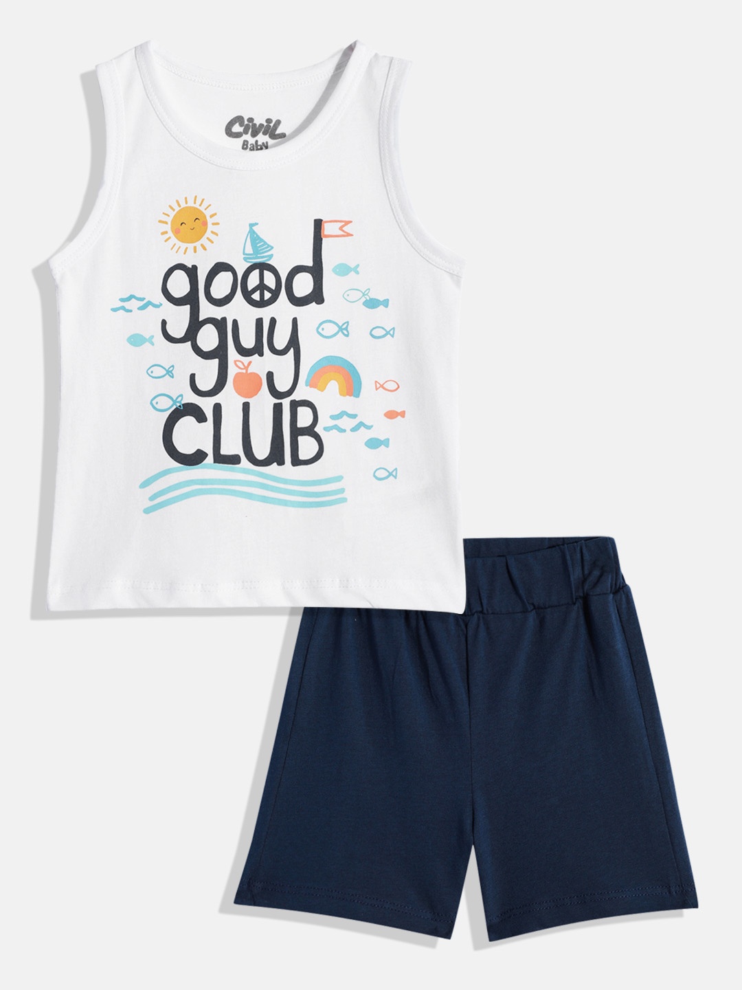 

Civil Boys White & Navy Blue Printed T-shirt with Shorts