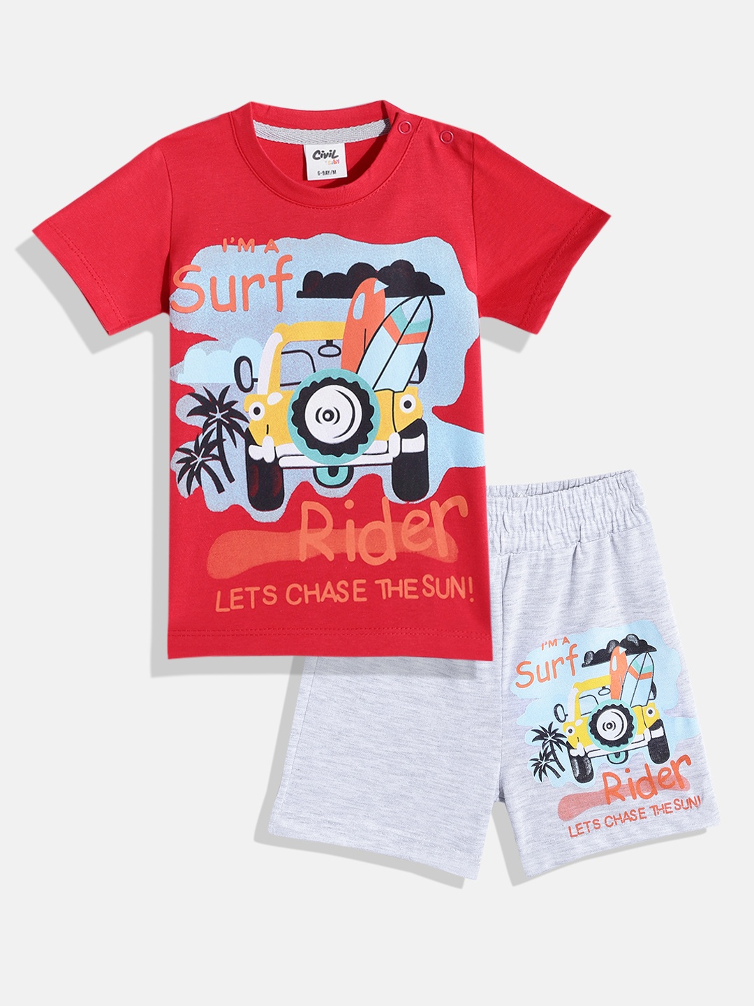 

Civil Infant Boys Red & Grey Printed T-shirt with Shorts