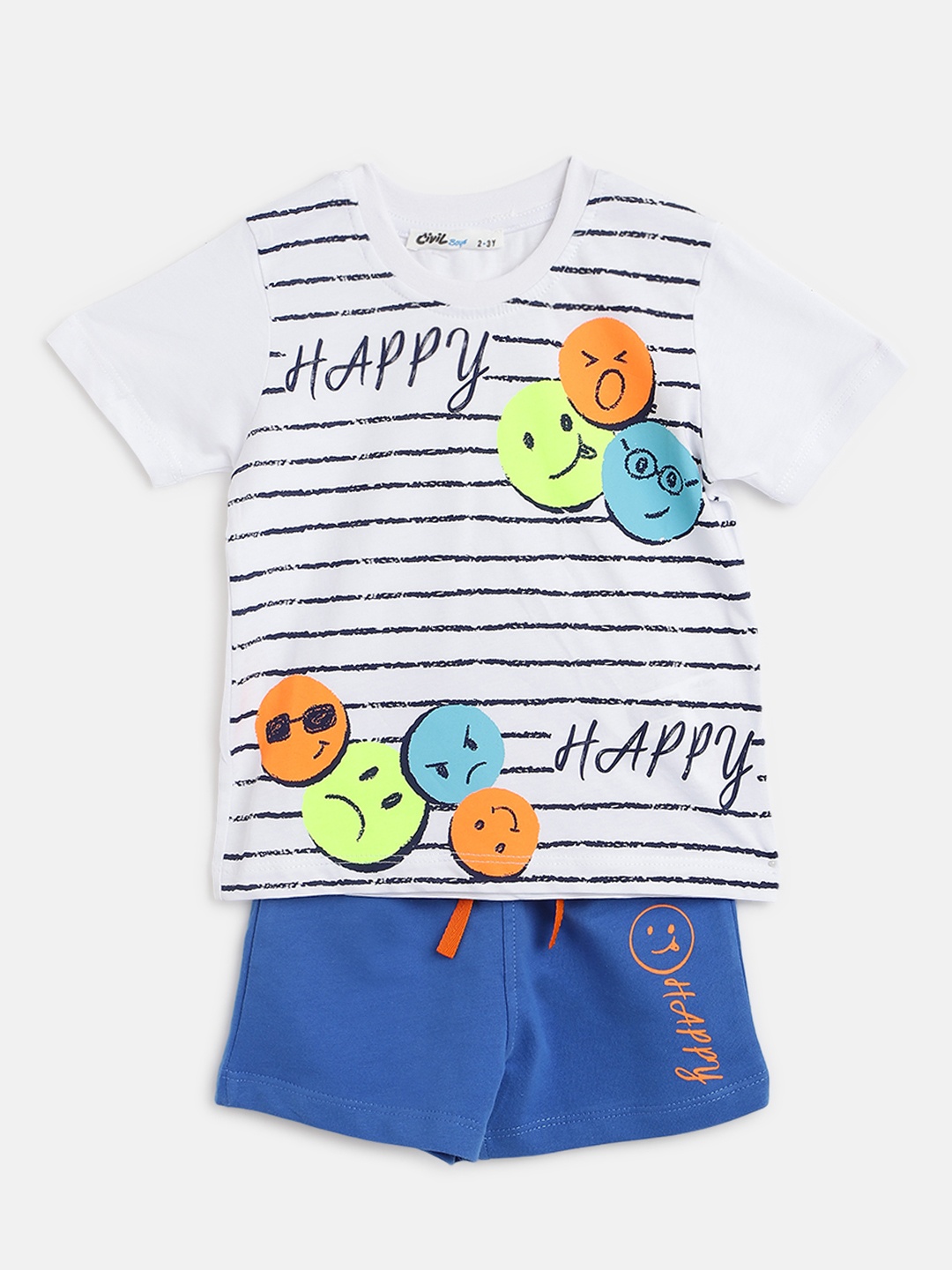 

Civil Boys White & Blue Striped Pure Cotton T-shirt with Shorts