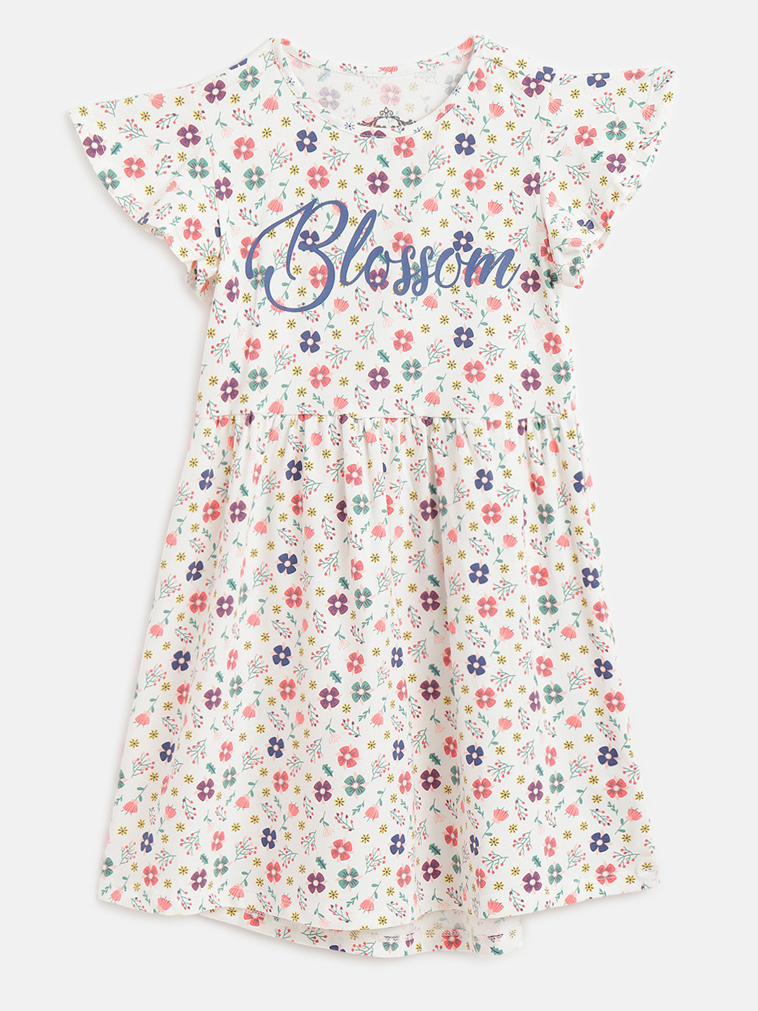 

Civil Girls White & Navy Blue Floral Print Cap Sleeves A-Line Dress
