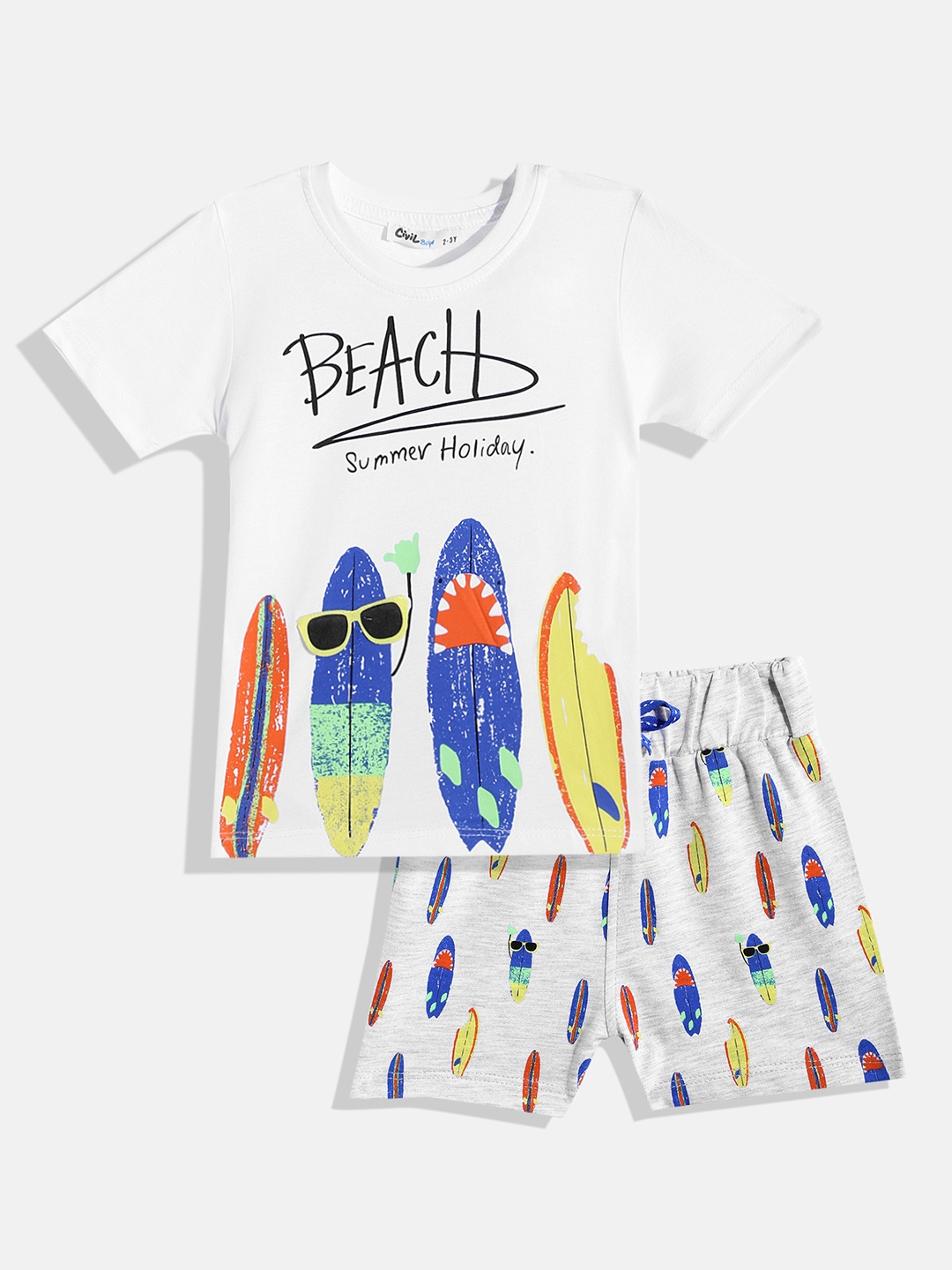 

Civil Boys White & Grey Printed Pure Cotton T-shirt with Shorts