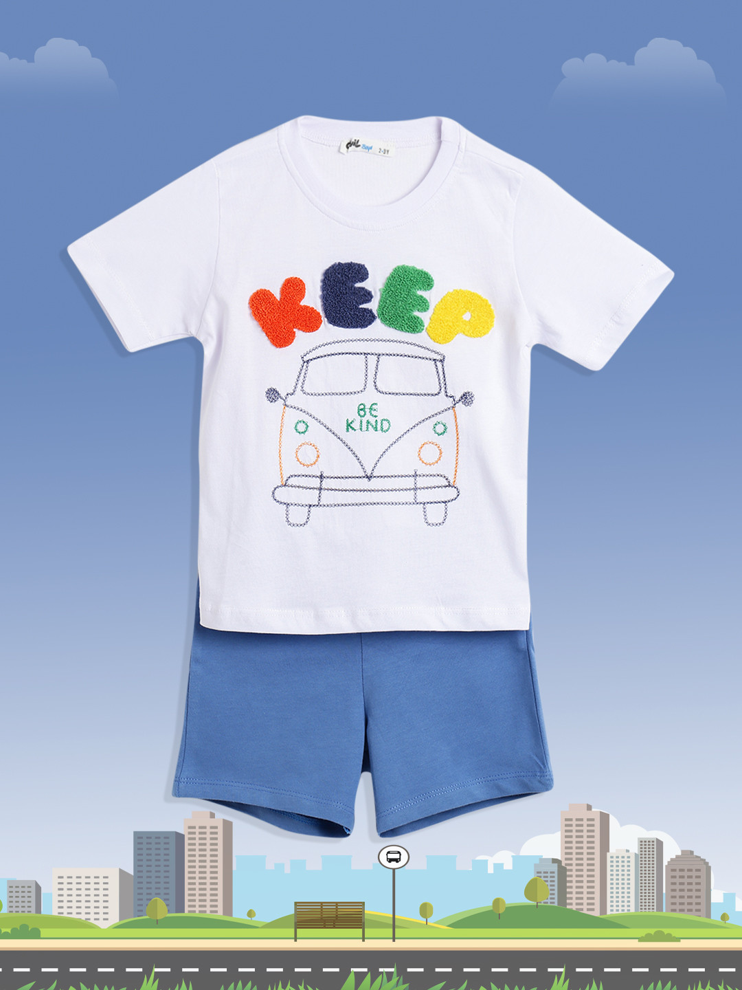 

Civil Boys White & Blue Typography Applique Threadwork T-shirt with Shorts
