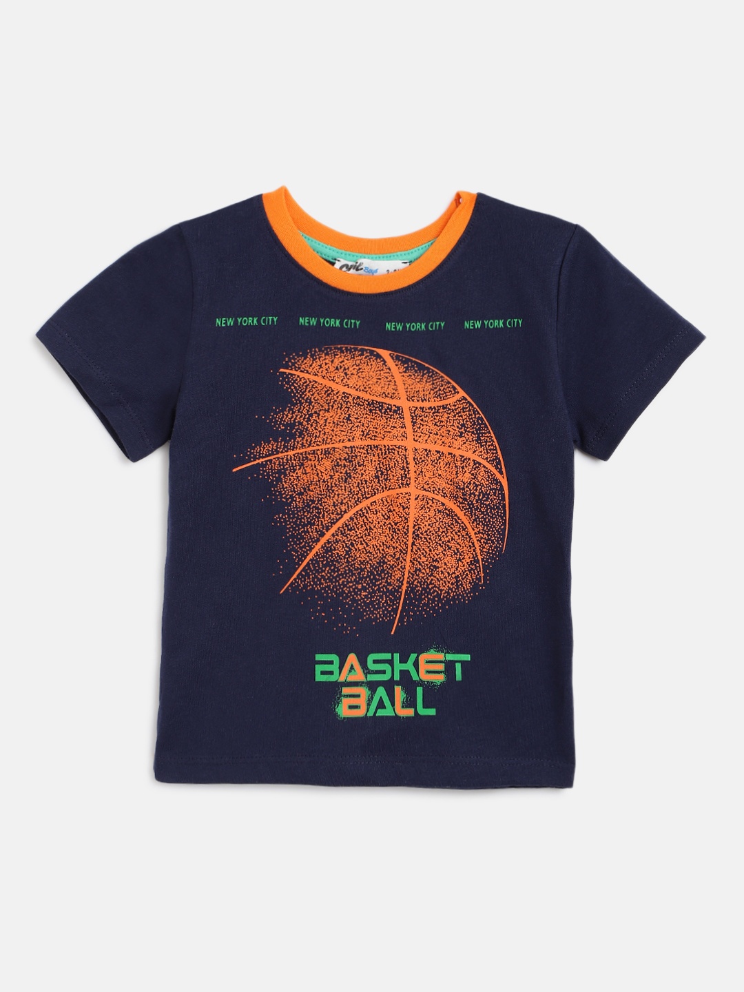 

Civil Boys Navy Blue & Orange Pure Cotton Graphic Printed T-shirt