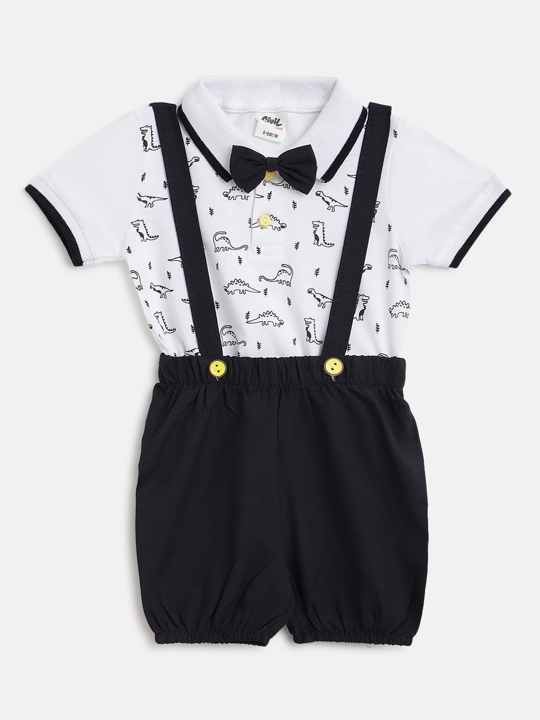 

Civil Infant Boys White & Black Dinosaur Printed T-shirt with Shorts & Bow
