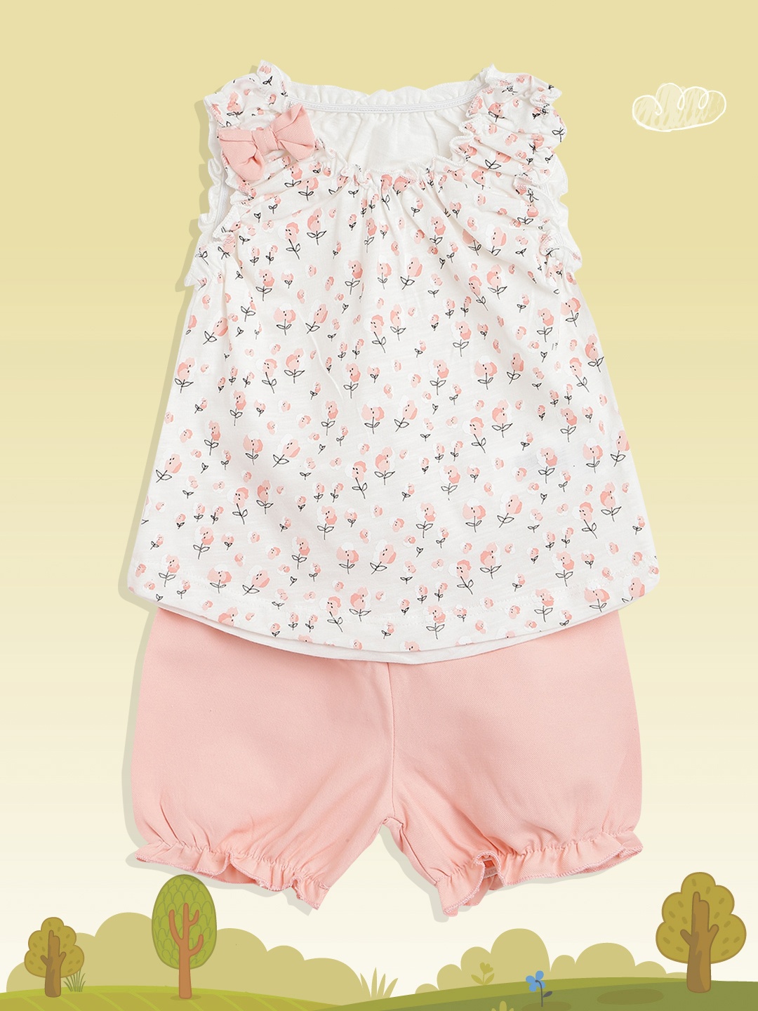 

Civil Girls White & Peach-Coloured Printed Top with Shorts