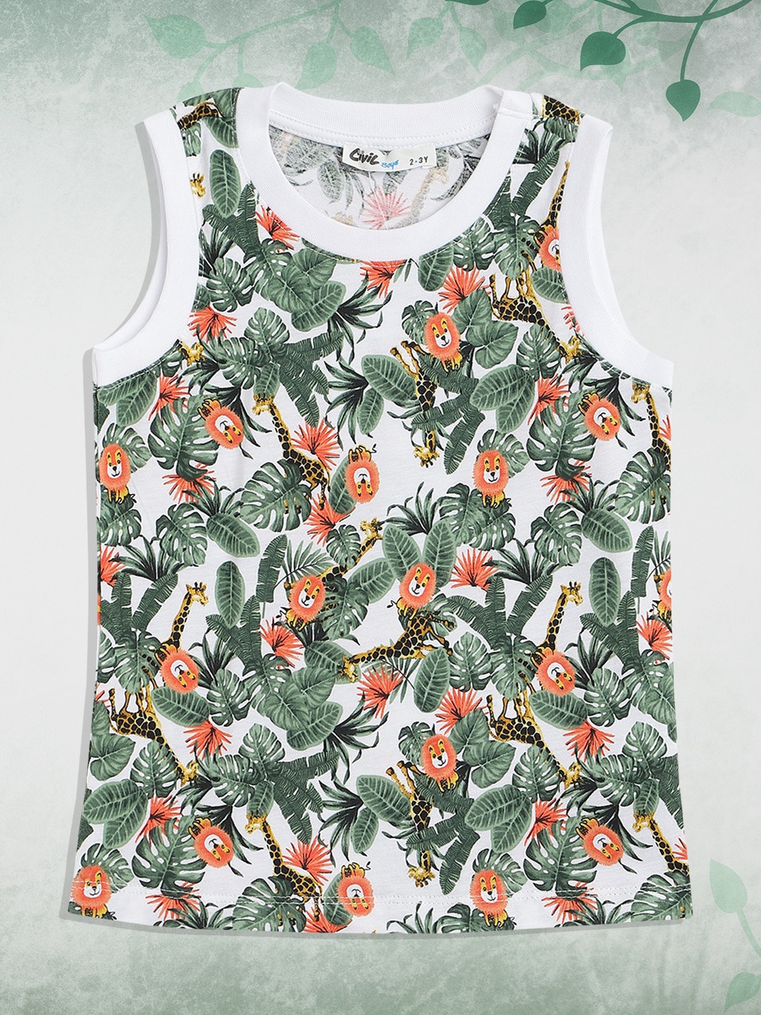 

Civil Boys White & Green Pure Cotton Graphic Tropical Print Sleeveless T-shirt