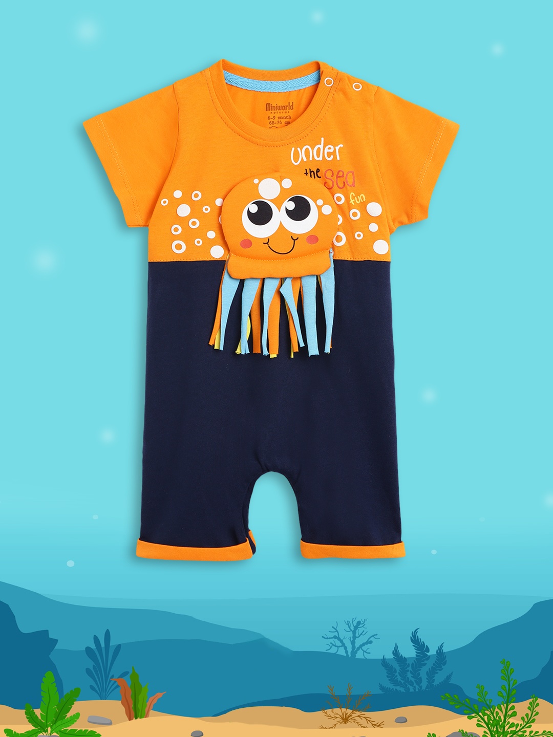 

Civil Infant Boys Orange & Navy Blue Printed Pure Cotton Rompers