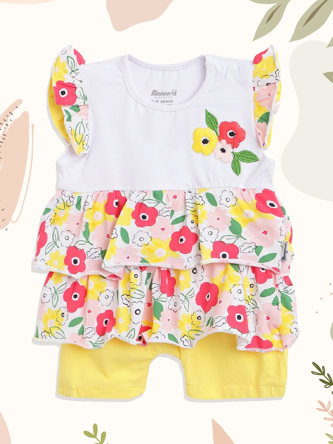 

Civil Infant Girls Yellow & White Graphic Print Rompers with Floral Embroidery Detail