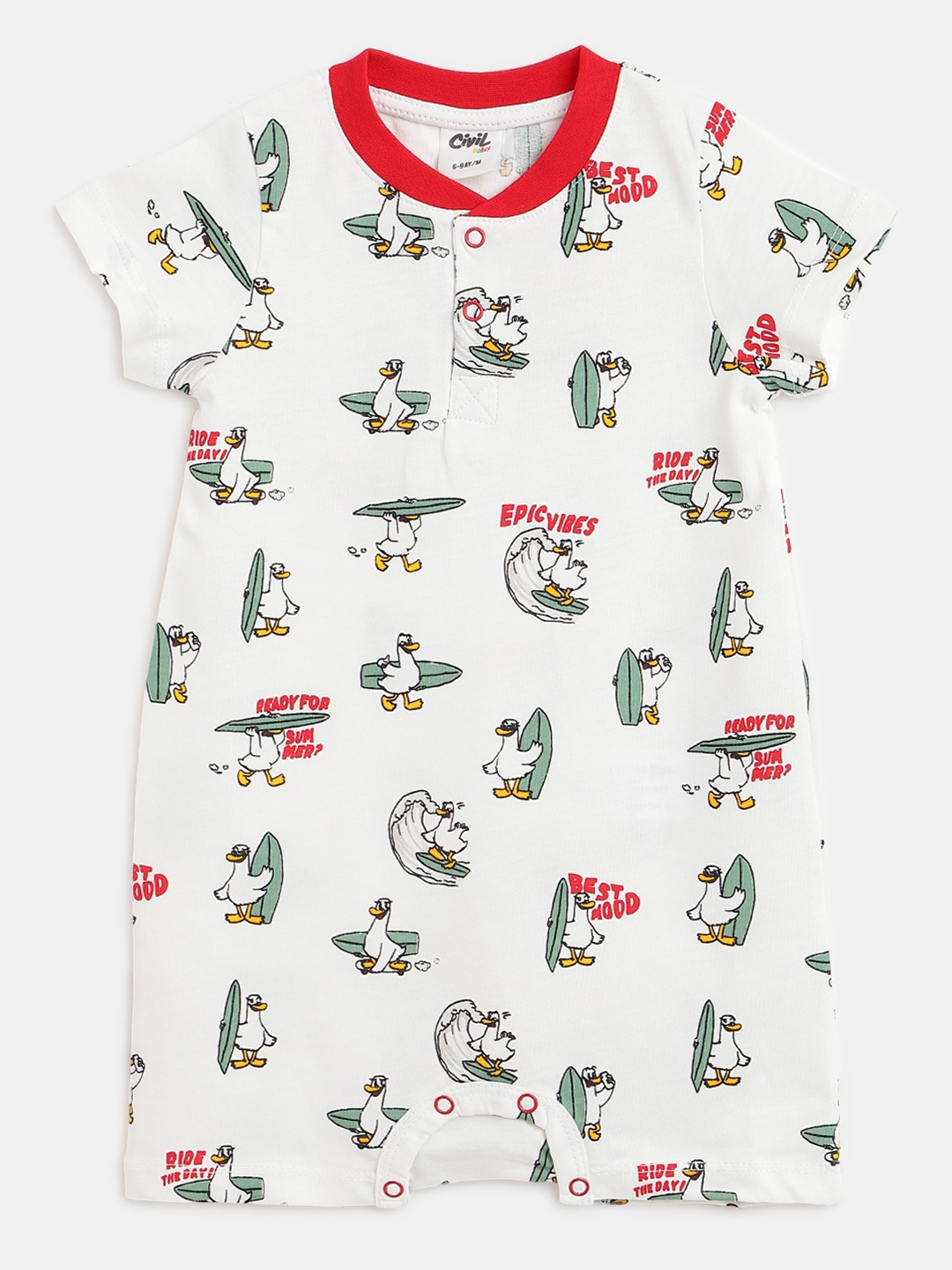 

Civil Infant Boys White & Green Duck Print Pure Cotton Rompers