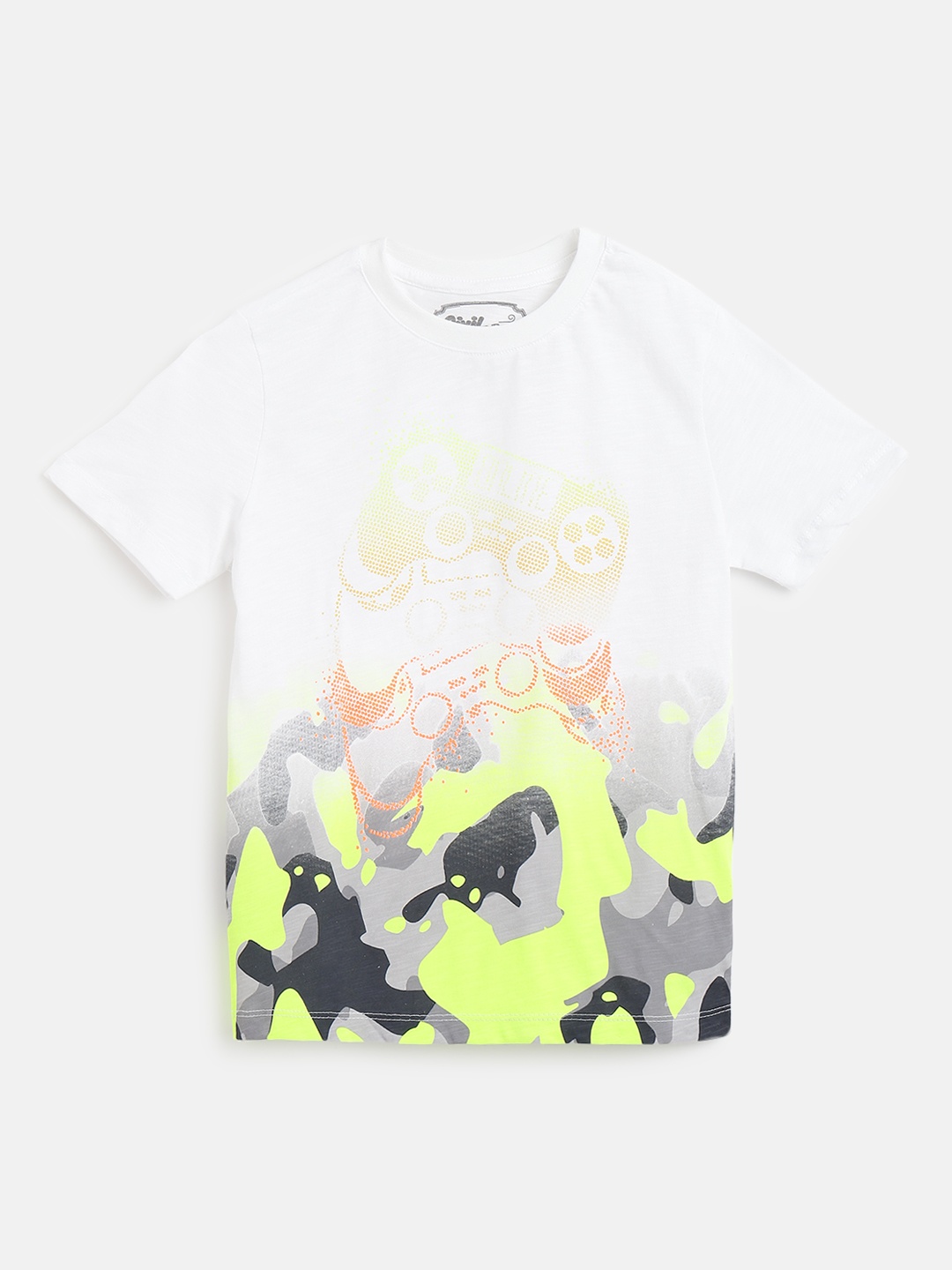 

Civil Boys White & Fluorescent Green Printed Pure Cotton T-shirt