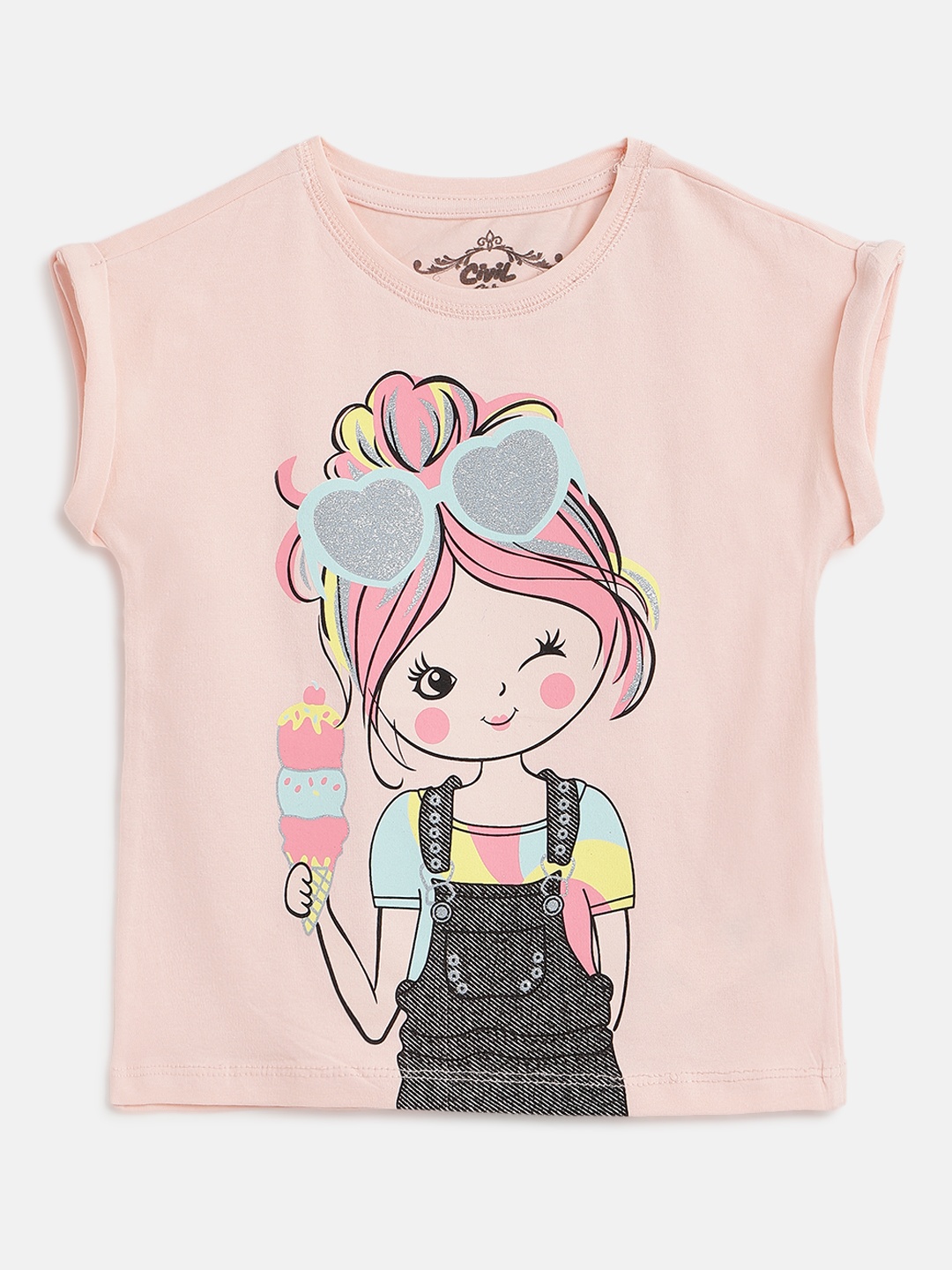 

Civil Girls Peach-Coloured & Black Printed Extended Sleeves T-shirt