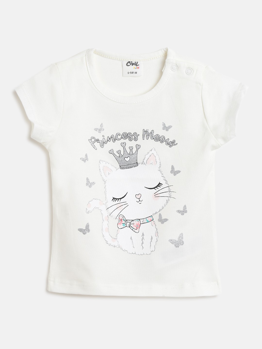 

Civil Girls White & Silver Typography & Cat Printed T-shirt