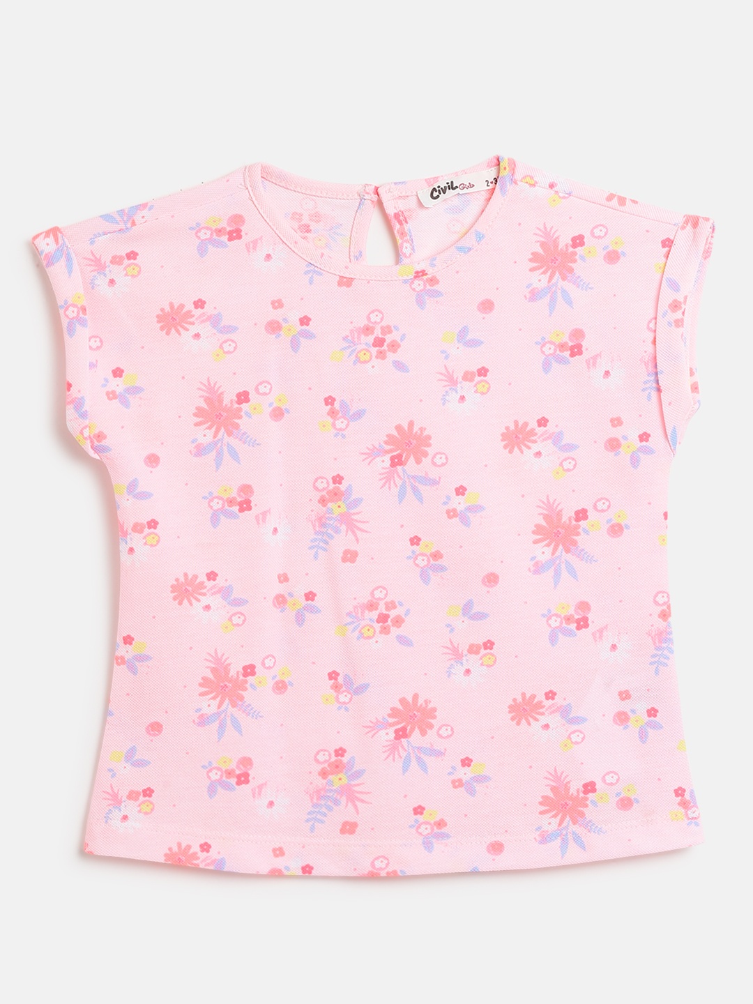 

Civil Girls Peach-Coloured & Lavender Floral Printed Extended Sleeves Pure Cotton T-shirt