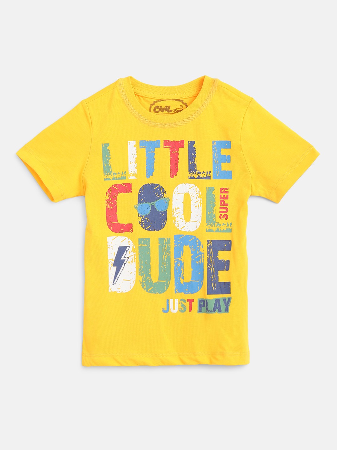 

Civil Boys Mustard Yellow & Blue Typography Printed Pure Cotton T-shirt