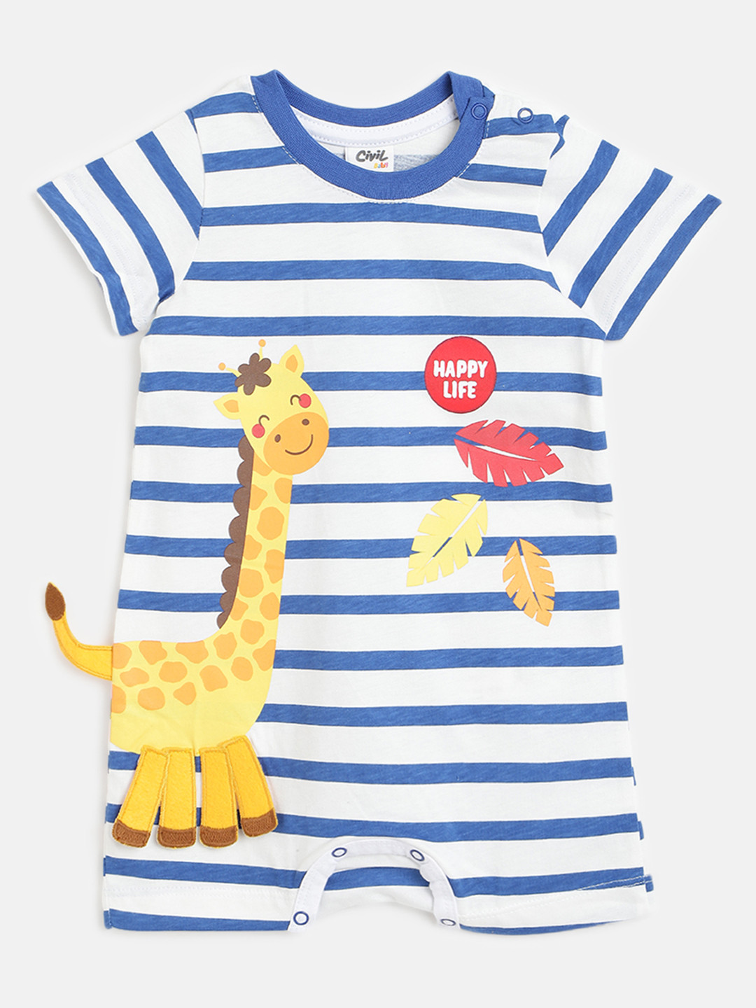 

Civil Infant Boys White & Blue Striped Pure Cotton Body Suit, Navy blue
