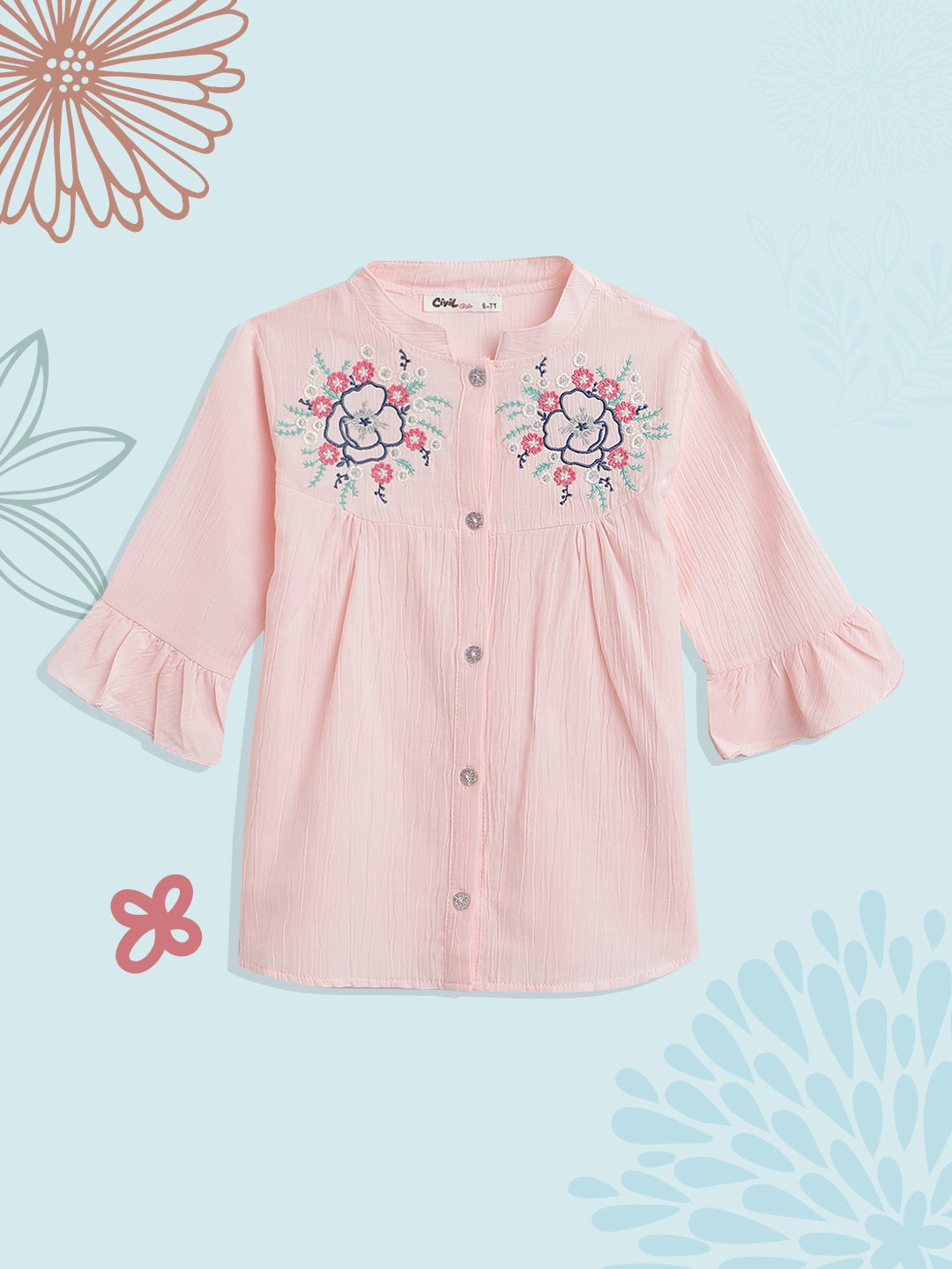 

Civil Pink Floral Embroidered Mandarin Collar Top