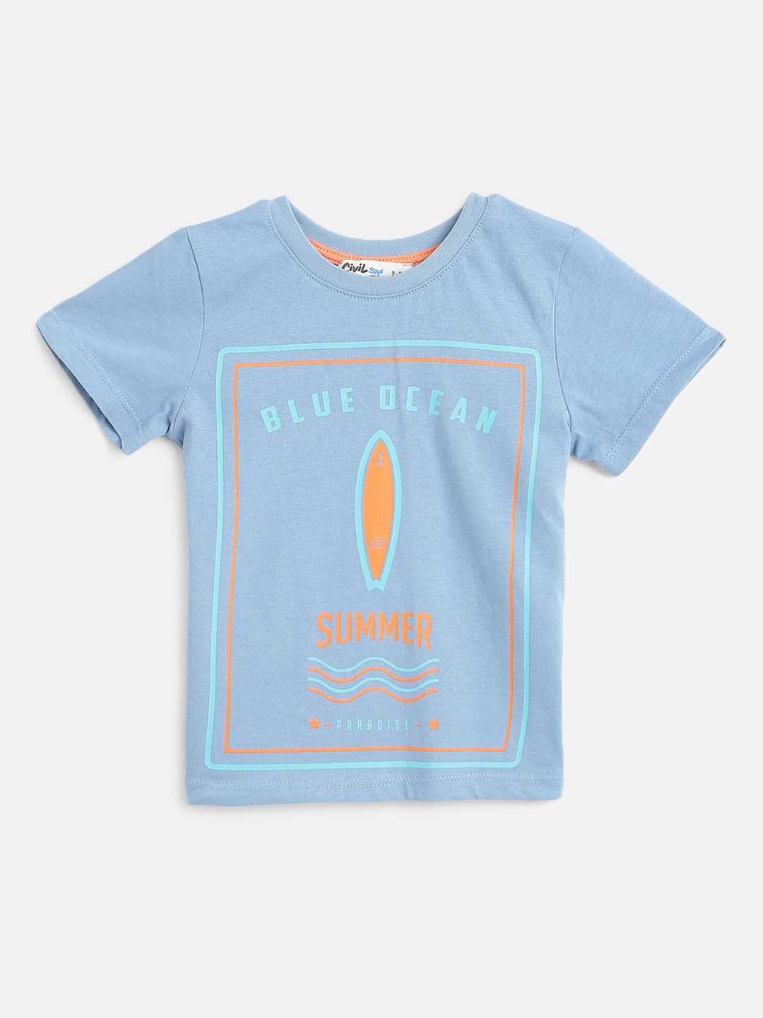 

Civil Boys Blue & Orange Pure Cotton Typography Printed T-shirt