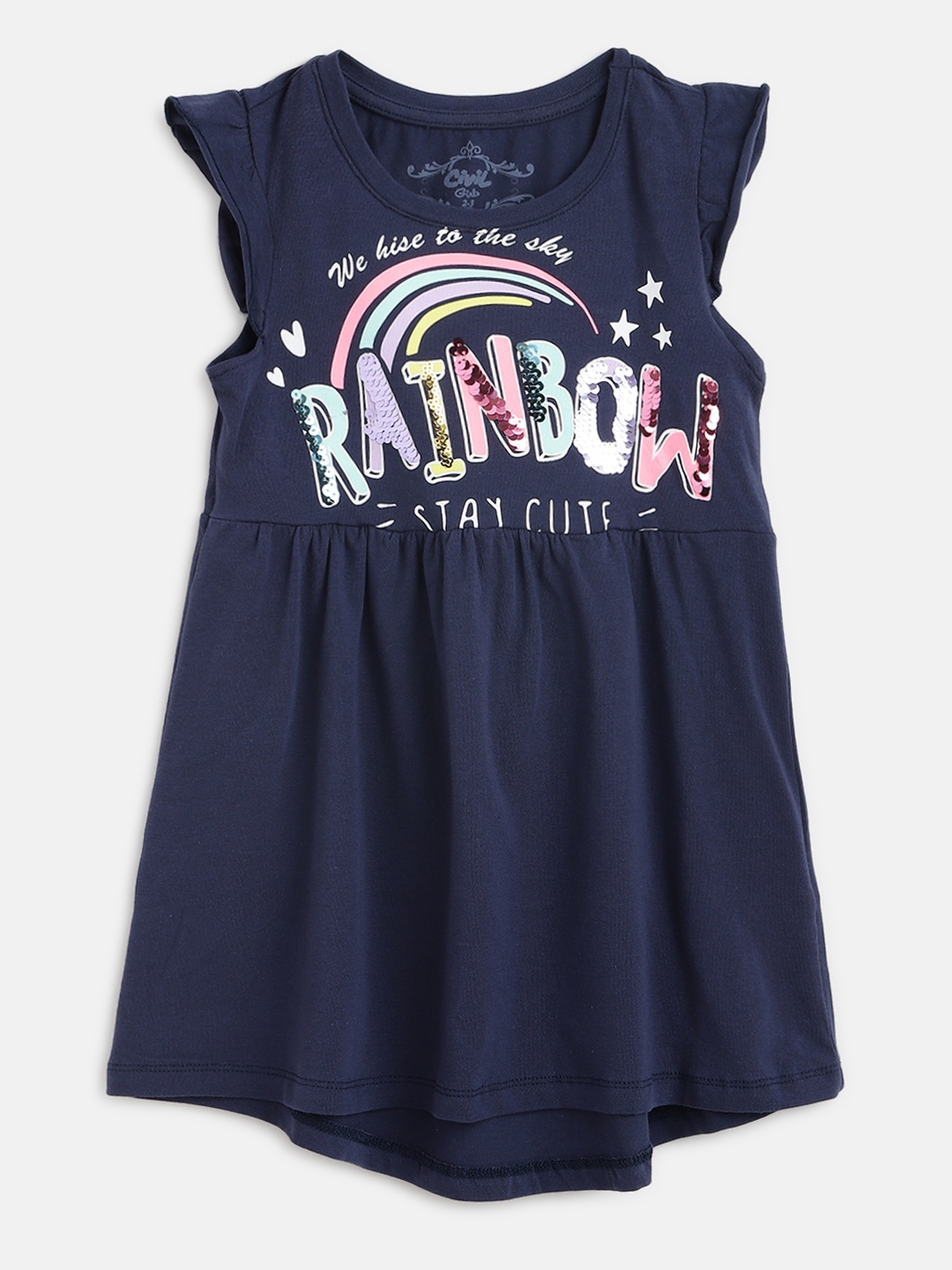 

Civil Girls Navy Blue & White Printed & Sequined Fit and Flare Dress