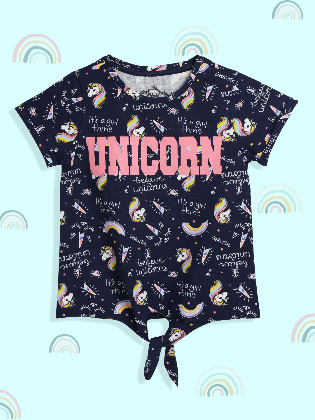 

Civil Girls Navy Blue & Peach-Coloured Unicorn Print Tie-Ups Top