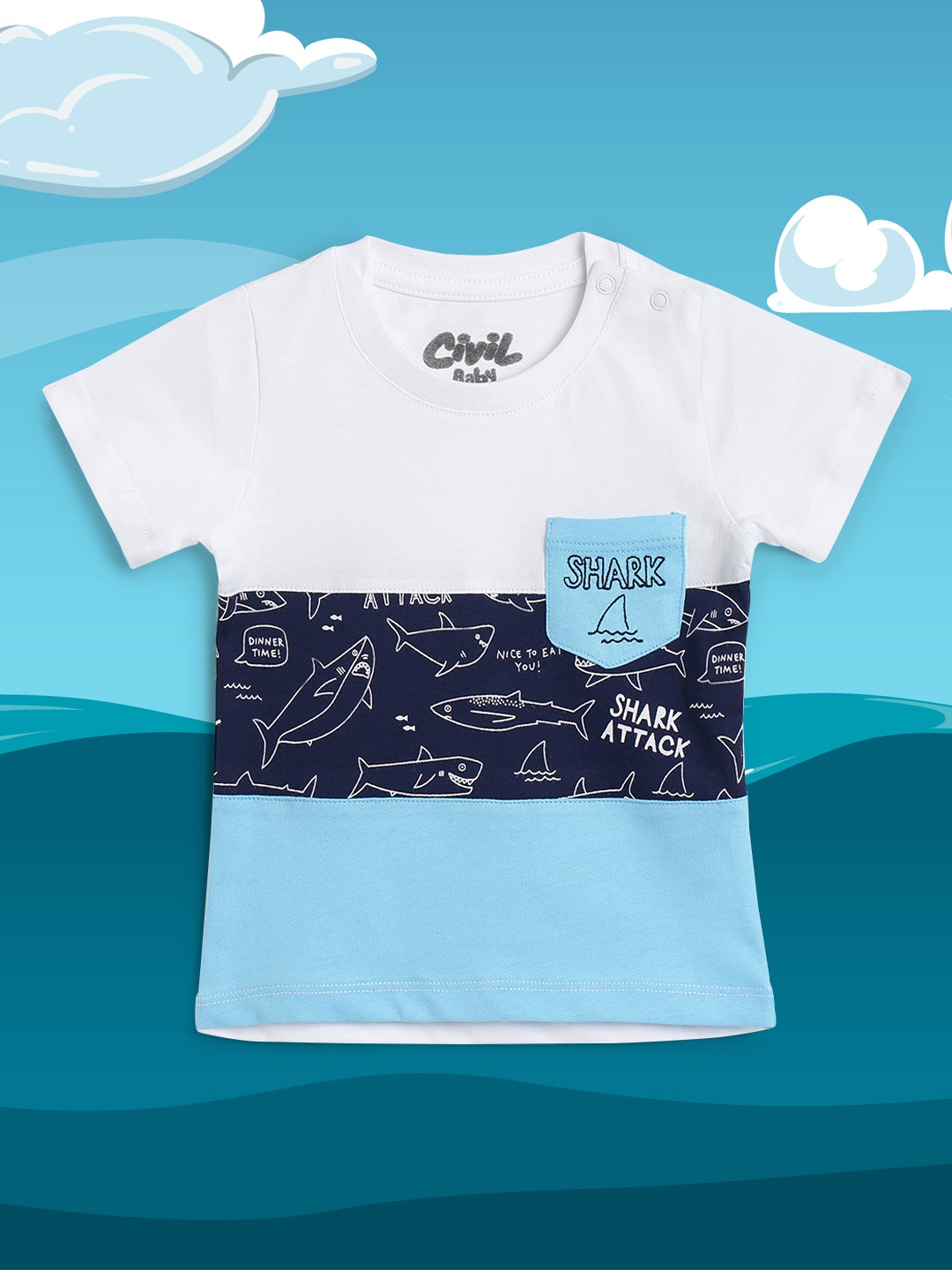 

Civil Boys White & Blue Colourblocked Pure Cotton T-shirt
