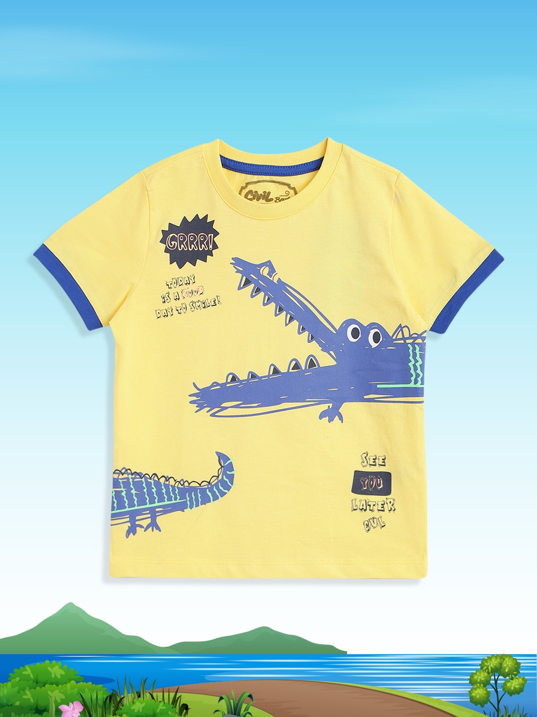 

Civil Boys Yellow & Blue Printed Pure Cotton T-shirt