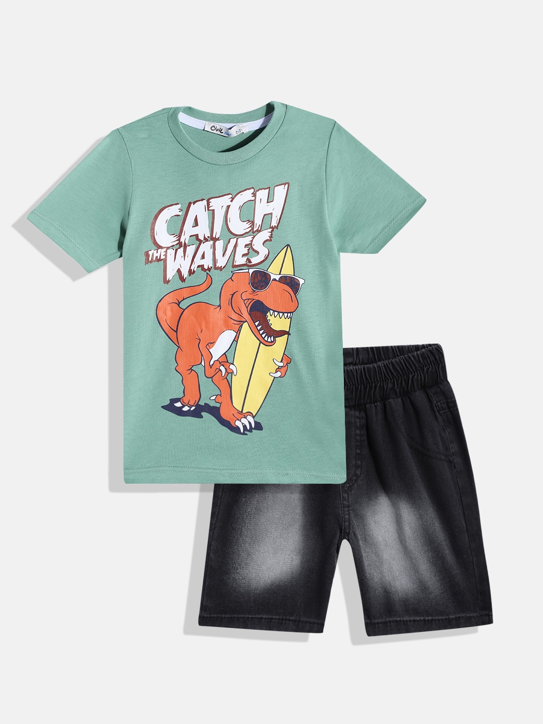 

Civil Boys Green & Black Printed Pure Cotton T-shirt with Shorts
