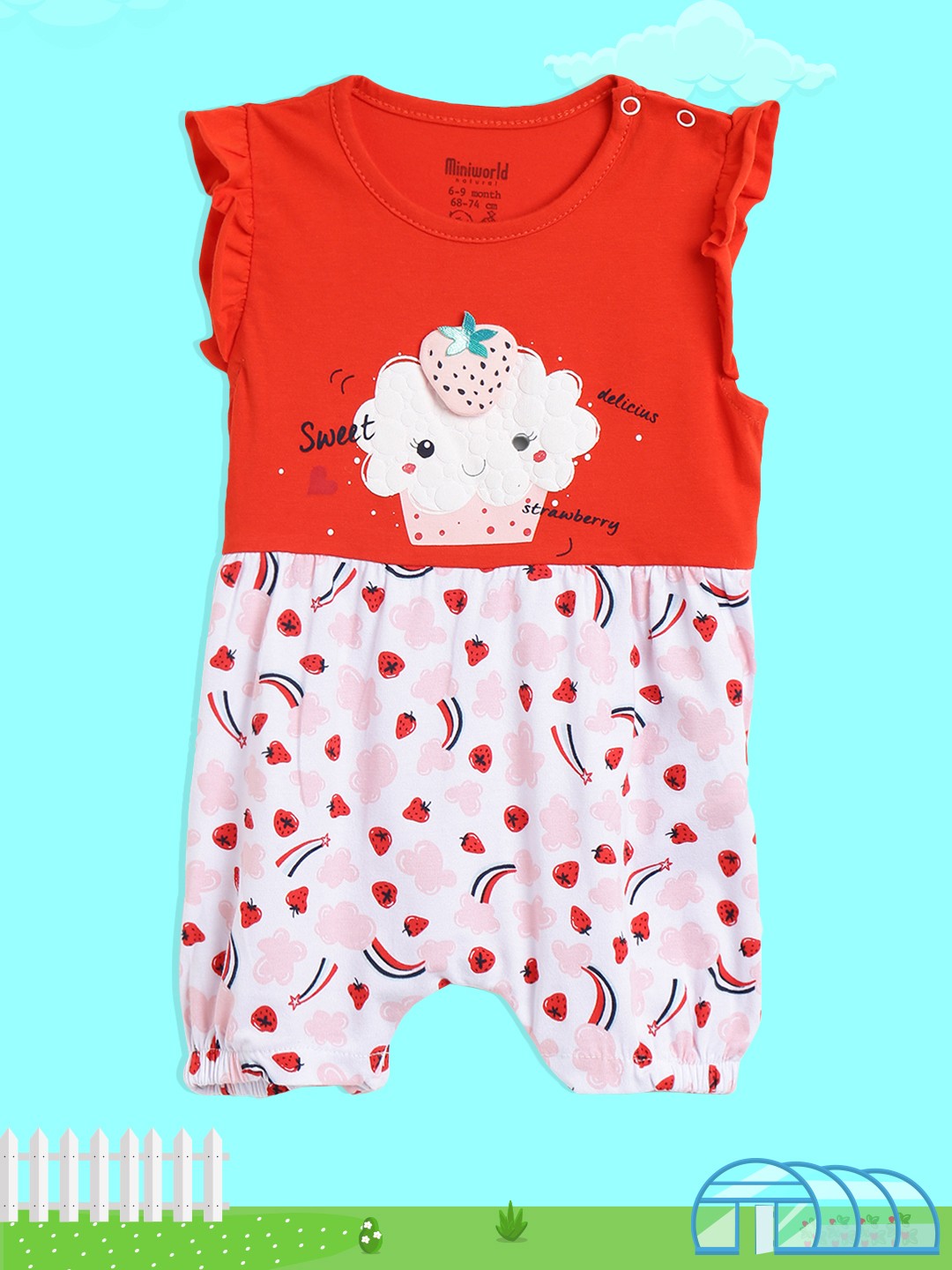 

Civil Infant Girls Red & White Graphic Print Rompers with Applique Detail
