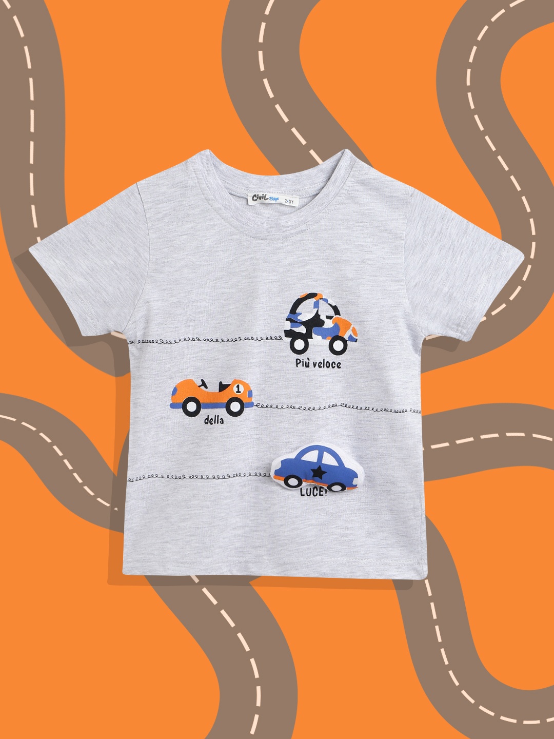 

Civil Boys Grey Melange & Blue Printed T-shirt