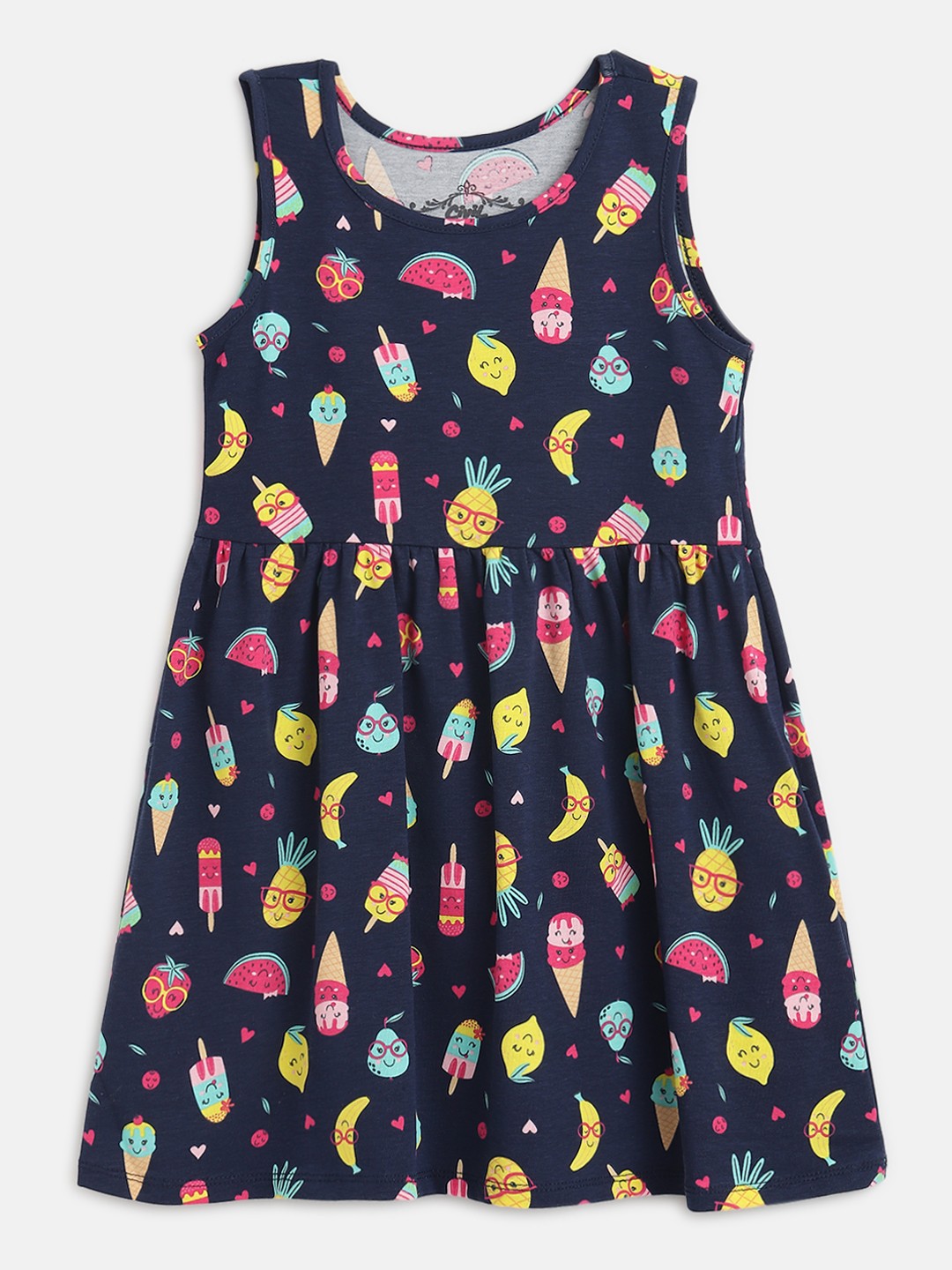 

Civil Navy Girls Blue & Yellow Conversational Print A-Line Dress, Navy blue