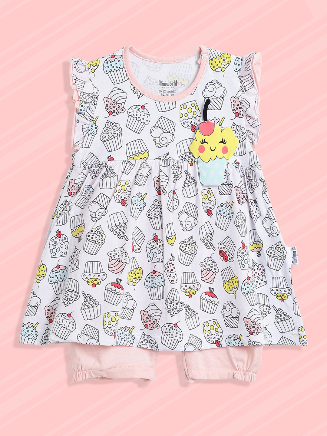 

Civil Infant Girls Pink & White Graphic Print Rompers with Applique Detail