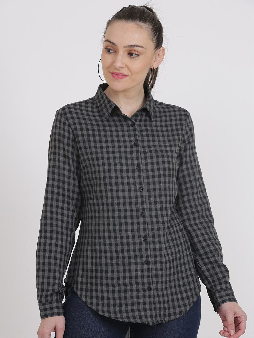 

KURTSY Women Grey Gingham Checked Casual Shirt