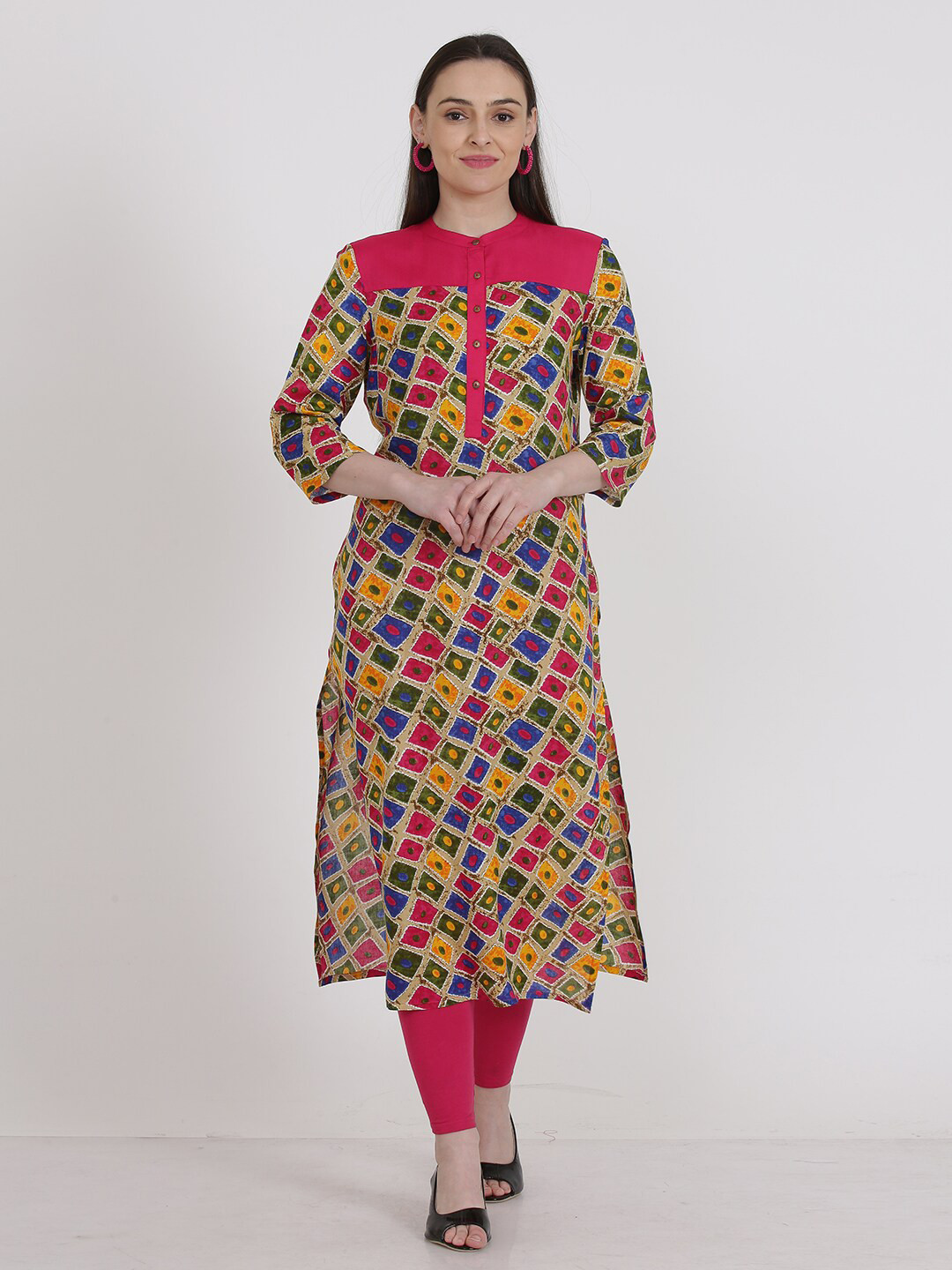 

KURTSY Pink & Multicoloured Geometric Printed Cotton Kurti