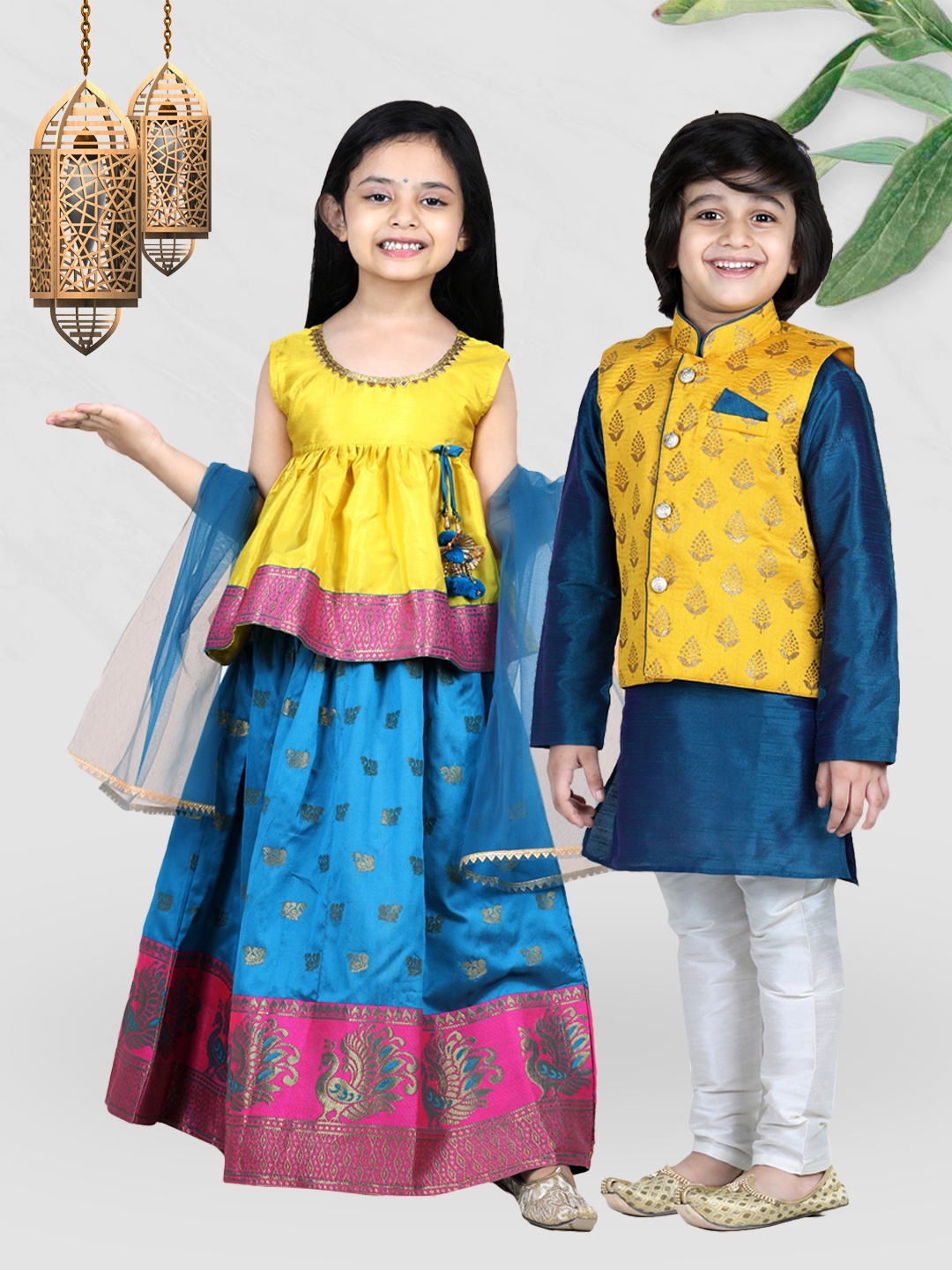 

BownBee Girls Yellow & Pink Ready to Wear Jacquard Lehenga with Flared Choli & Dupatta