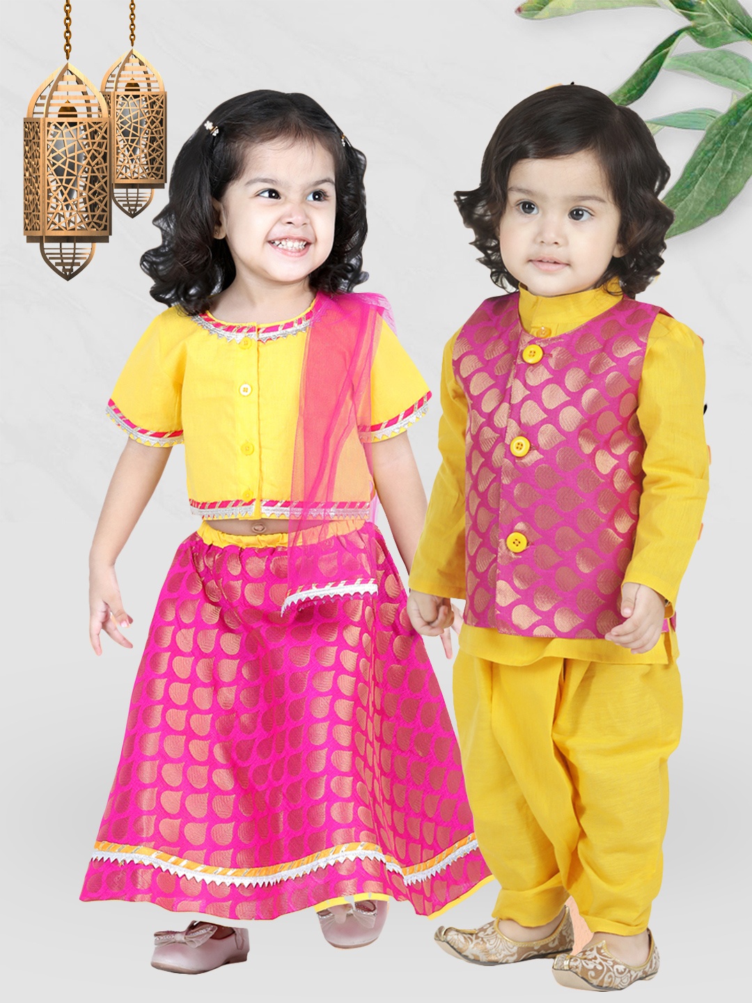 

BownBee Girls Yellow & Pink Cotton Front-Open Choli With Jacquard Lehenga