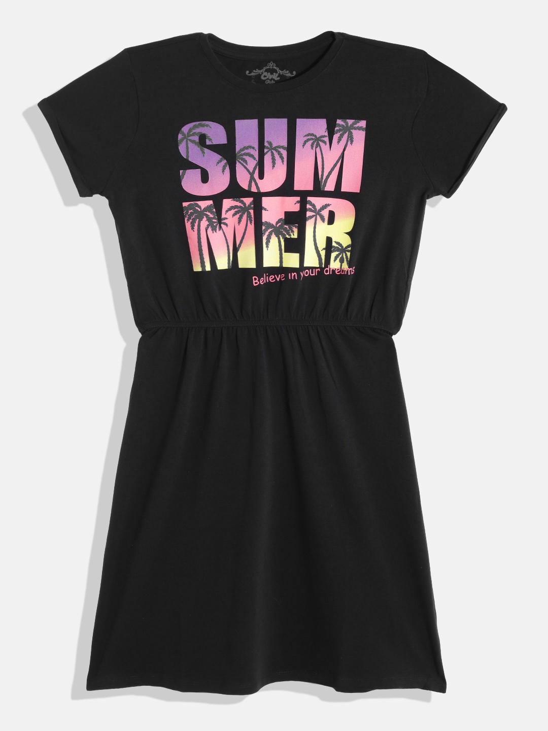 

Civil Girls Black & Pink Typography & Tropical Print Fit & Flare Dress