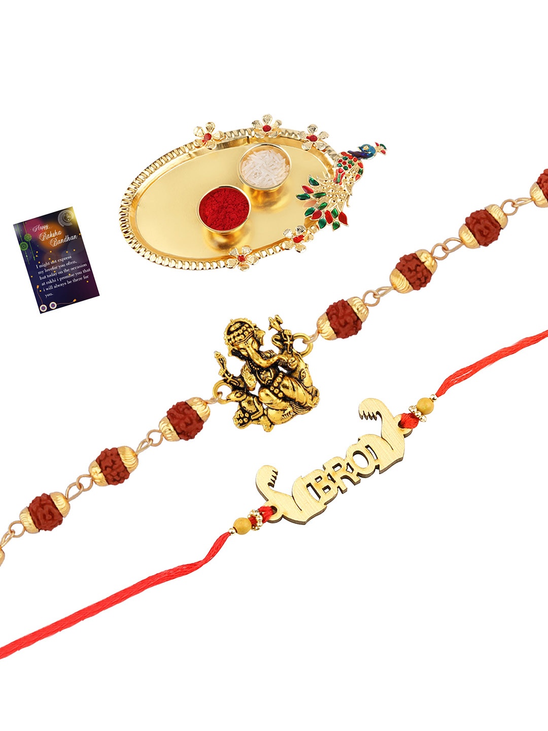 

Silver Shine Set of 2 Studded Thread Rakhis With Pooja Thali Roli Chawal & Greeting Card, Red