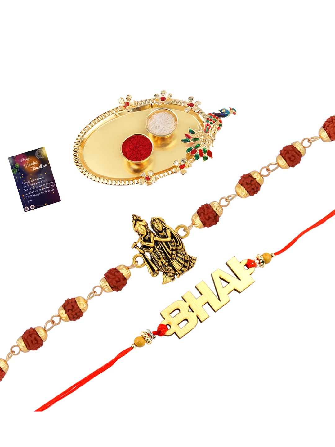 

Silver Shine Red & Gold-Coloured 2 Rakhi With Pooja Thali Roli Chawal & Greeting Card
