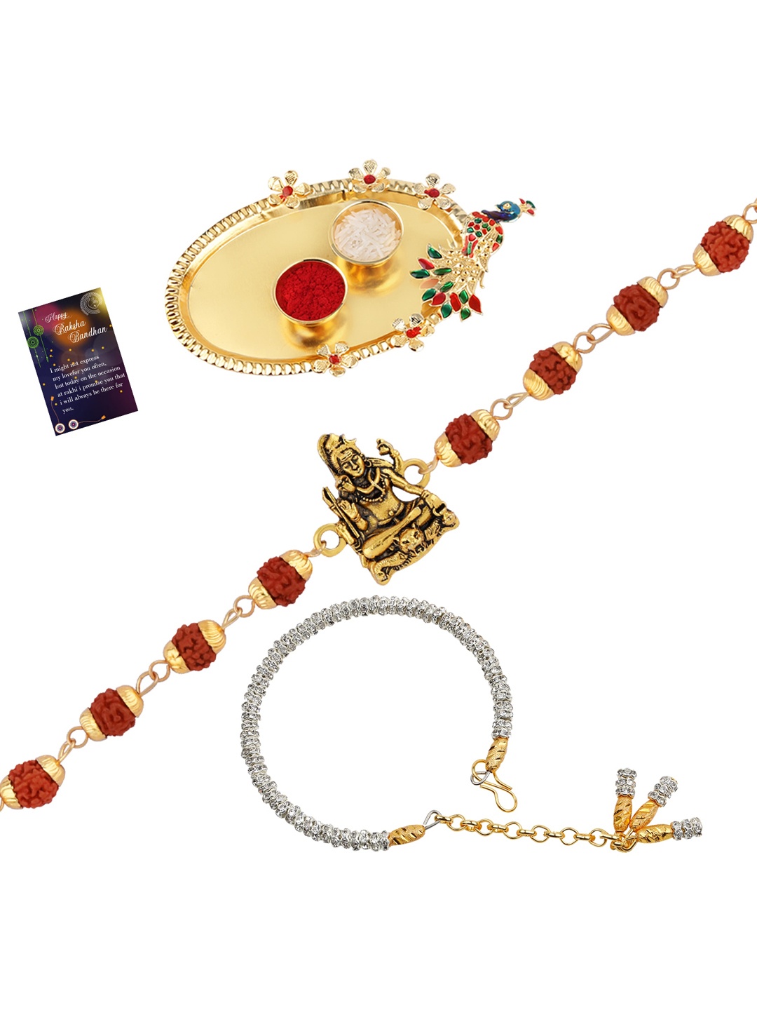 

Silver Shine 2 Rakhi with Pooja Thali Roli Chawal and Greeting Card, Gold