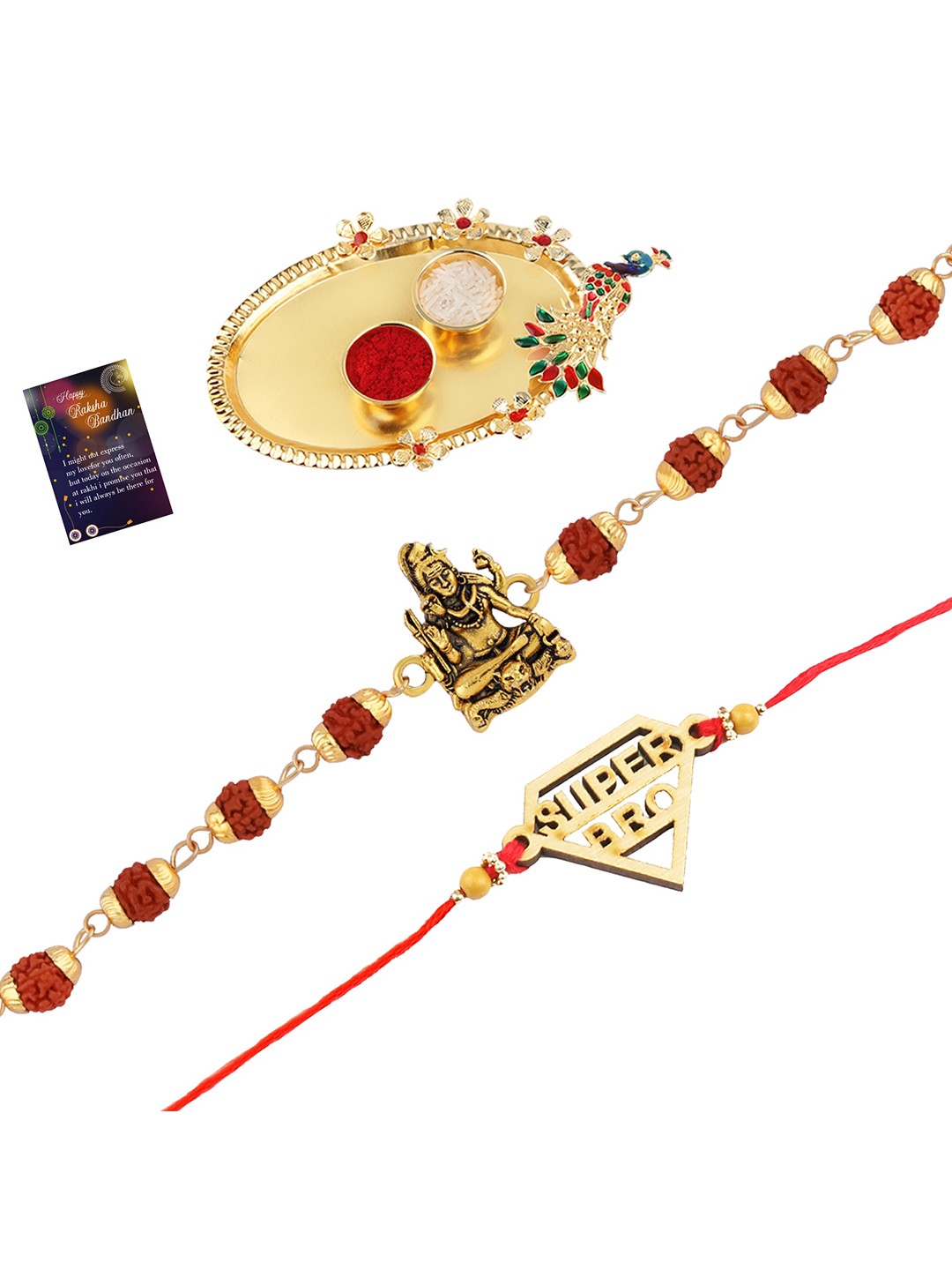 

Silver Shine Set Of 2 Rakhi With Pooja Thali Roli Chawal And Greeting Card, Red