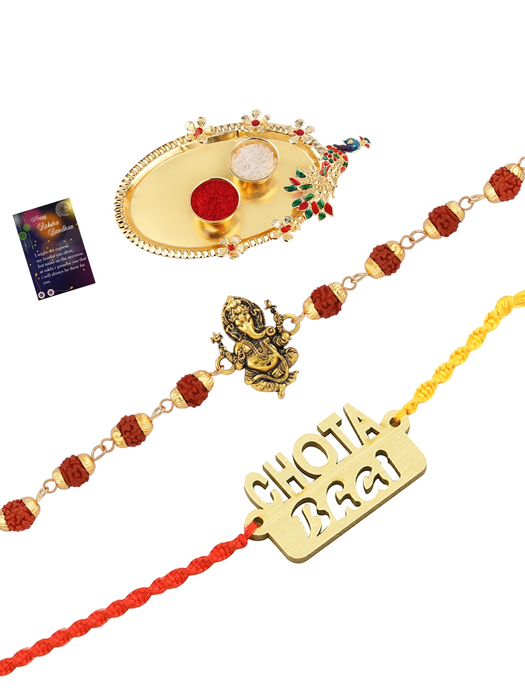 

Silver Shine Set Of 2 Red & Gold-Toned Stone-Studded Rakhi Gift Set