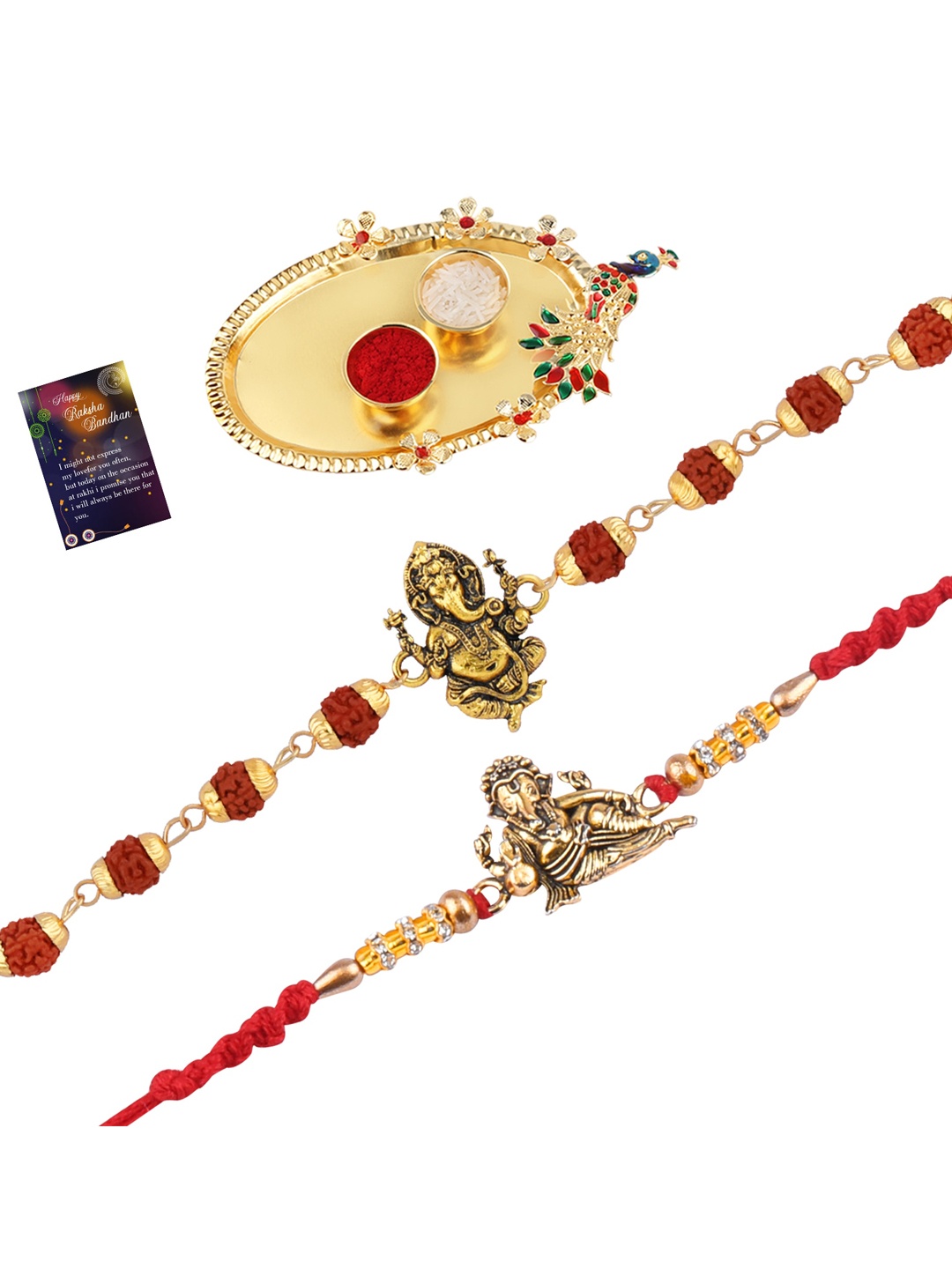 

Silver Shine Red & Gold-Toned 2 Rakhi With Pooja Thali Roli Chawal & Greeting Card