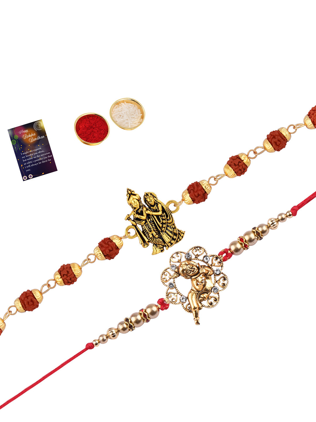 

Silver Shine Set Of 2 Rakhi with Roli Chawal Greeting Card, Gold