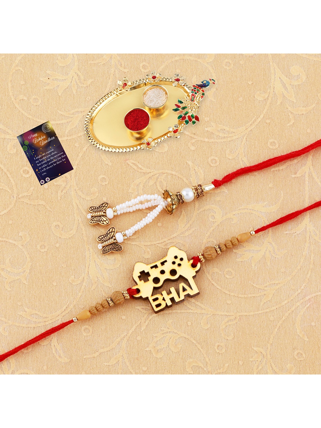 

Silver Shine Unisex Set Of 2 Rakhi With Pooja Thali Roli Chawal And Greeting Card, Gold