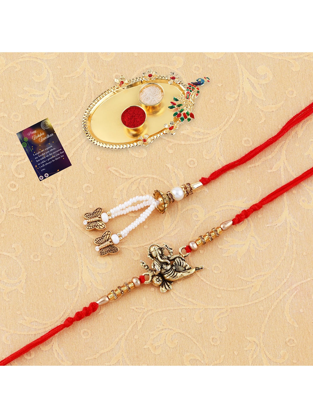 

Silver Shine Set Of 2 Rakhi With Pooja Thali Roli Chawal & Greeting Card, Red